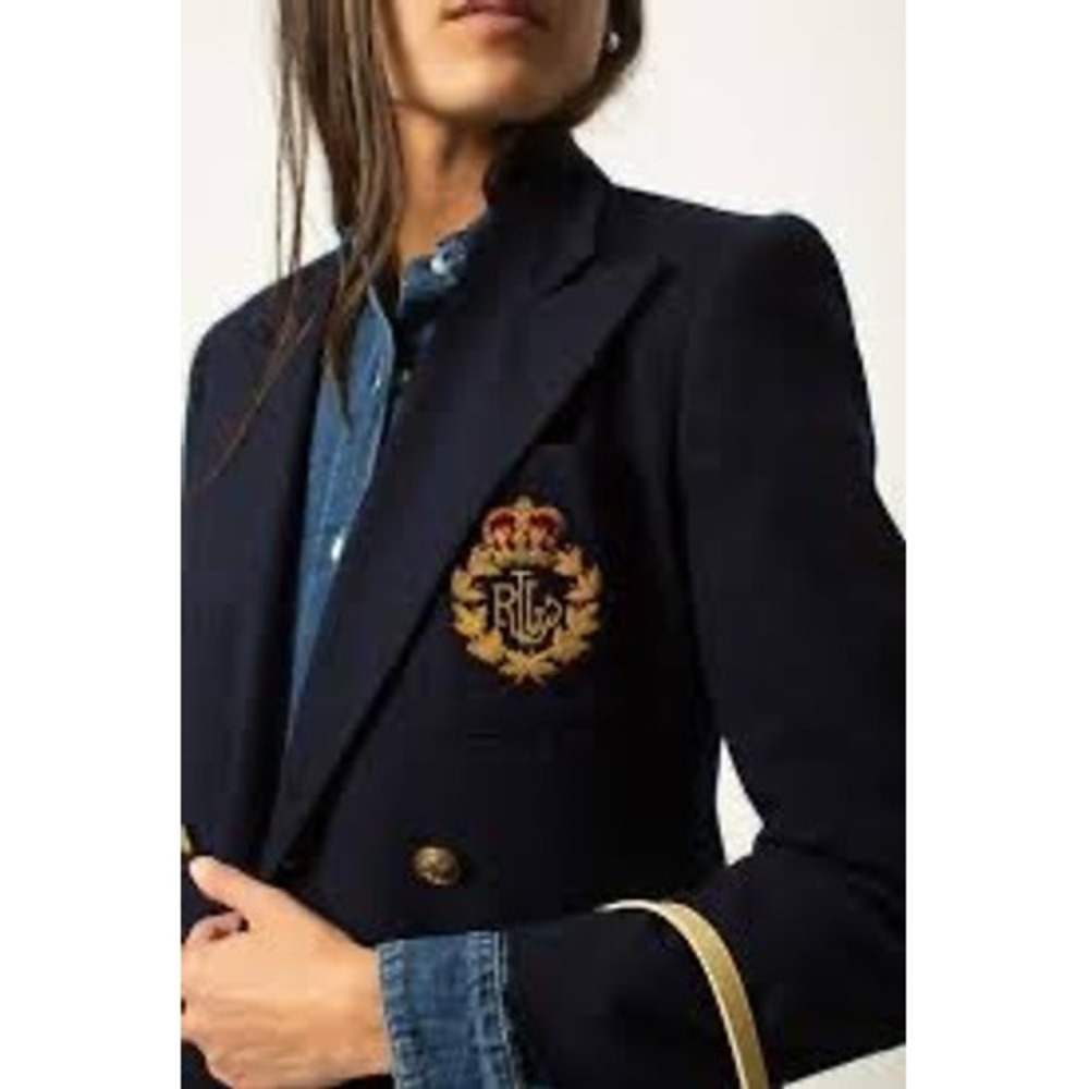 Vintage Ralph Lauren Petite Navy Wool Crest Blazer Double Breasted 4P Oversized